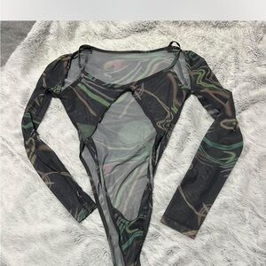 Sheer Long Sleeve Green Black Mesh Bodysuit